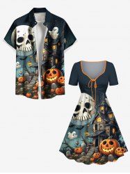 Halloween Pumpkin Skull Ghost Bat Print Plus Size Matching Outfit For Couples -  