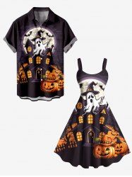 Chapeau d'Halloween, citrouille, fantôme, chauve-souris, arbre, château, imprimé, grande taille, tenue assortie pour couples - Orange 