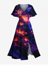 Robe mi-longue hawaïenne fendue à imprimé 3D et fleurs scintillantes grande taille - Bleu profond XXS