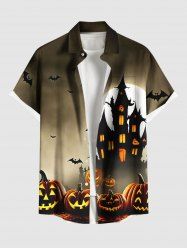 Plus Size Halloween Pumpkin Bat Moon Ombre Castle Print Buttons Pocket Shirt For Men -  