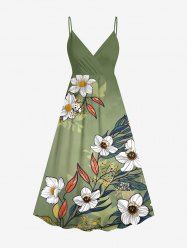 Plus Size Flowers Leaf Print Surplice Hawaii Cami Dress -  