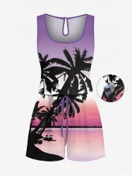 Plus Size Coconut Tree Seascape Ombre Print Cinched Hawaii Romper -  