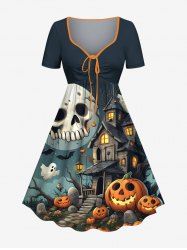Plus Size Halloween Pumpkin Skull Ghost Bat Print Cinched Dress -  