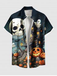 Plus Size Halloween Pumpkin Skull Ghost Bat Print Buttons Pocket Shirt For Men -  