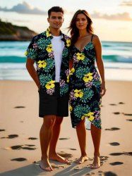 Tropical Leaf Hibiscus Flower Print Plus Size Matching Hawaii Beach Outfit For Couples -  
