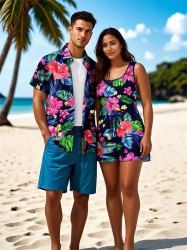 Matching Hawaii Shirt and Romper Plus Size Beach Outfit Tropical Leaf Hibiscus Flower Print For Couples -  