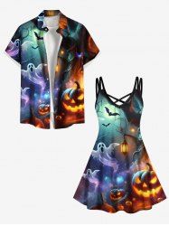 Halloween Pumpkin Lantern Ghost Bat Tree Print Plus Size Matching Outfit For Couples -  