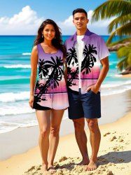 Matching Hawaii Shirt and Romper Plus Size Beach Outfit Coconut Tree Seascape Ombre Printed for Couples -  