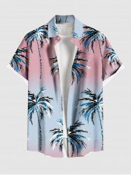 Chemise hawaïenne grande taille à imprimé cocotiers ombré et colorblock, boutons et poches, pour homme - Bleu clair 3XL