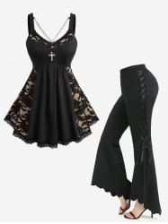 Floral Lace Patchwork Cross Chain Top and Scalloped Hem Flare Pants Plus Size Outfit -  