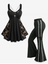 Floral Lace Patchwork Cross Chain Tank Top and Lace-up Two Tone Flare Pants Plus Size Outfit -  