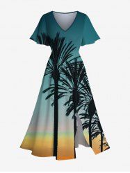 Plus Size Coconut Tree Ombre Sky Print Hawaii Split Pocket A Line Midi Dress -  