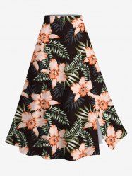 Jupe trapèze fendue hawaïenne grande taille à imprimé feuilles tropicales et fleurs d'hibiscus - Noir L
