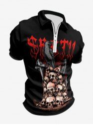Plus Size Skull Crow Cross Letters Print Halloween Zipper Turn-down Collar Polo Shirt For Men -  