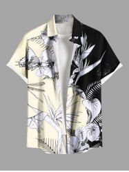 Chemise hawaïenne grande taille à imprimé feuilles tropicales, hibiscus, branches, papillons, boutons et poches pour homme - Blanc de Crème  S
