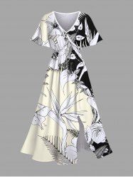 Plus Size Tropical Leaf Hibiscus Flower Branch Print Hawaii Split Pocket A Line Midi Dress -  