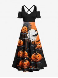 Plus Size Pumpkin Bat Moon Print Halloween Cold Shoulder Crisscross A Line Maxi Dress -  