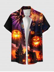 Chemise grande taille à imprimé citrouille, feux d'artifice, galaxie, arbre, château, Halloween, boutonnée, poche, pour homme - Orange Foncé S