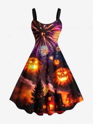 Plus Size Pumpkin Fireworks Galaxy Tree Castle Print Halloween A Line Tank Dress -  