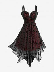 Plus Size Cat Bat Flocking Mesh Cross Lace Trim Ruched Asymmetrical Tank Dress -  