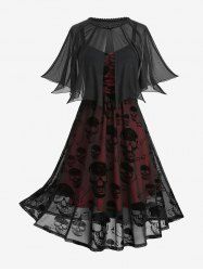 Plus Size Ruched Skull Flocking Mesh Tank Dress With Lace Trim Button Cover Cape -  