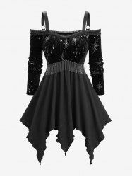 Haut asymétrique à manches longues et épaules dénudées, grande taille, avec pompons texturés et imprimés feux d'artifice argentés - Noir 3X | US 22-24