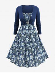 Plus Size Flowers Leaf Print Ruched Ruffles Cami Dress With Crown Buckle Crop Top - Bleu 4X | US 26-28