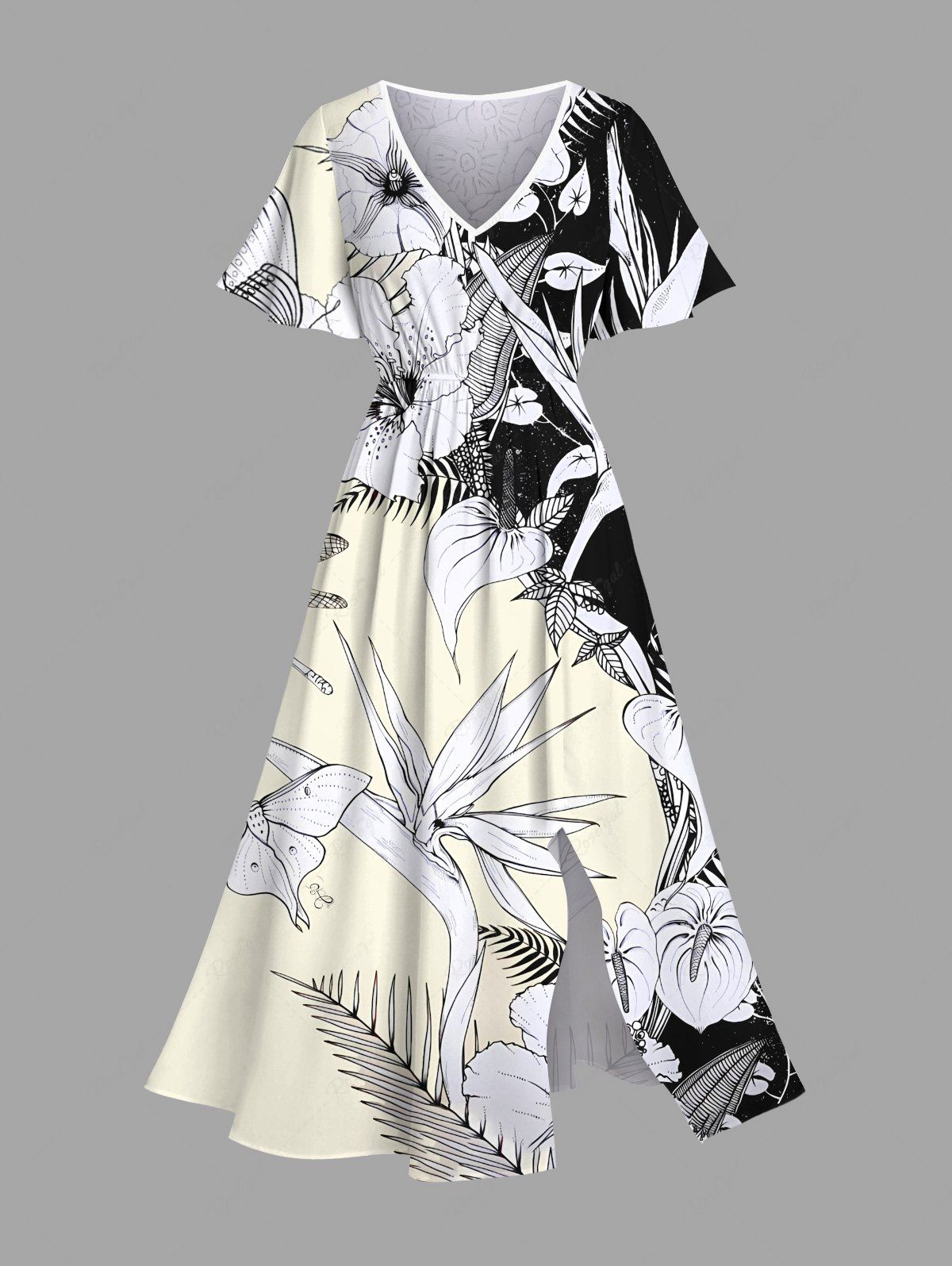 Robe mi-longue trapèze grande taille à imprimé feuilles tropicales, hibiscus, branches, poches fendues, style hawaïen Blanc XXS