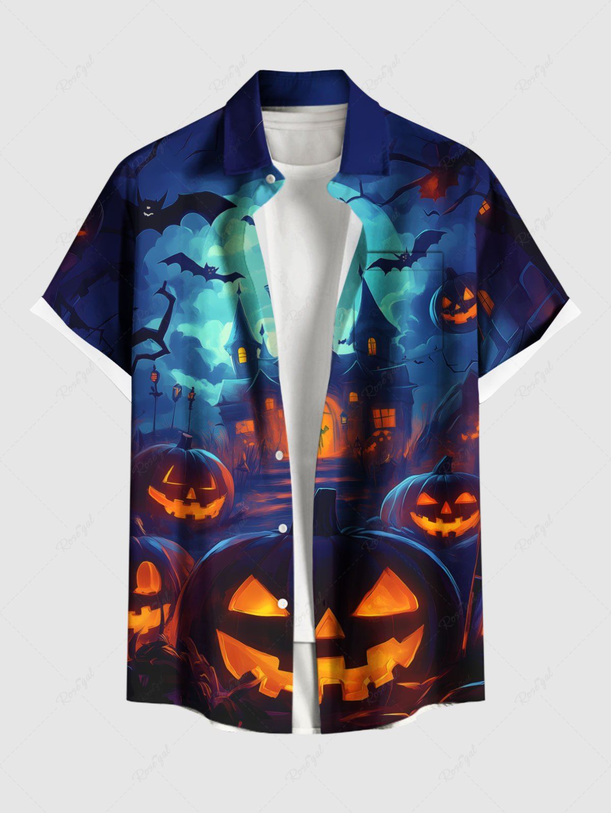 Chemise grande taille à boutons et poches pour homme, motif citrouille, lanterne, chauve-souris, lune, château, Halloween Bleu 3XL