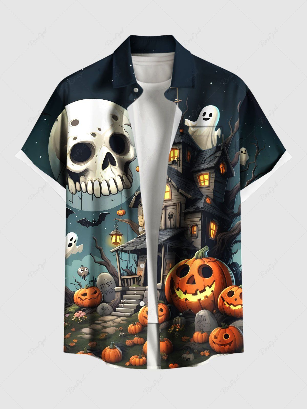 Chemise grande taille à boutons et poches pour homme, motif citrouille, crâne, fantôme, chauve-souris, Halloween Noir 2XL