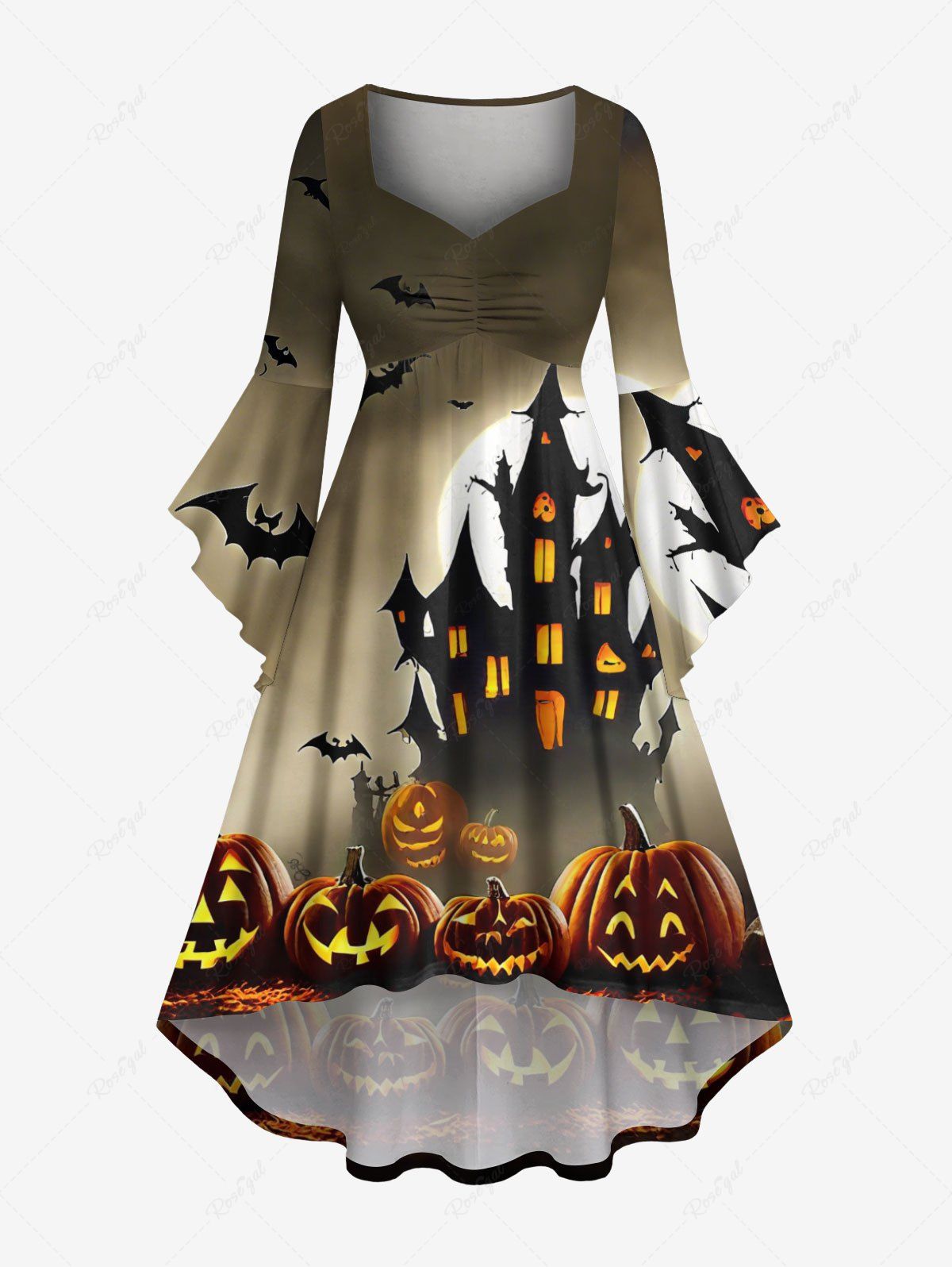 Shops Plus Size Halloween Pumpkin Bat Moon Ombre Castle Print Ruched Flare Sleeves High Low Dress  