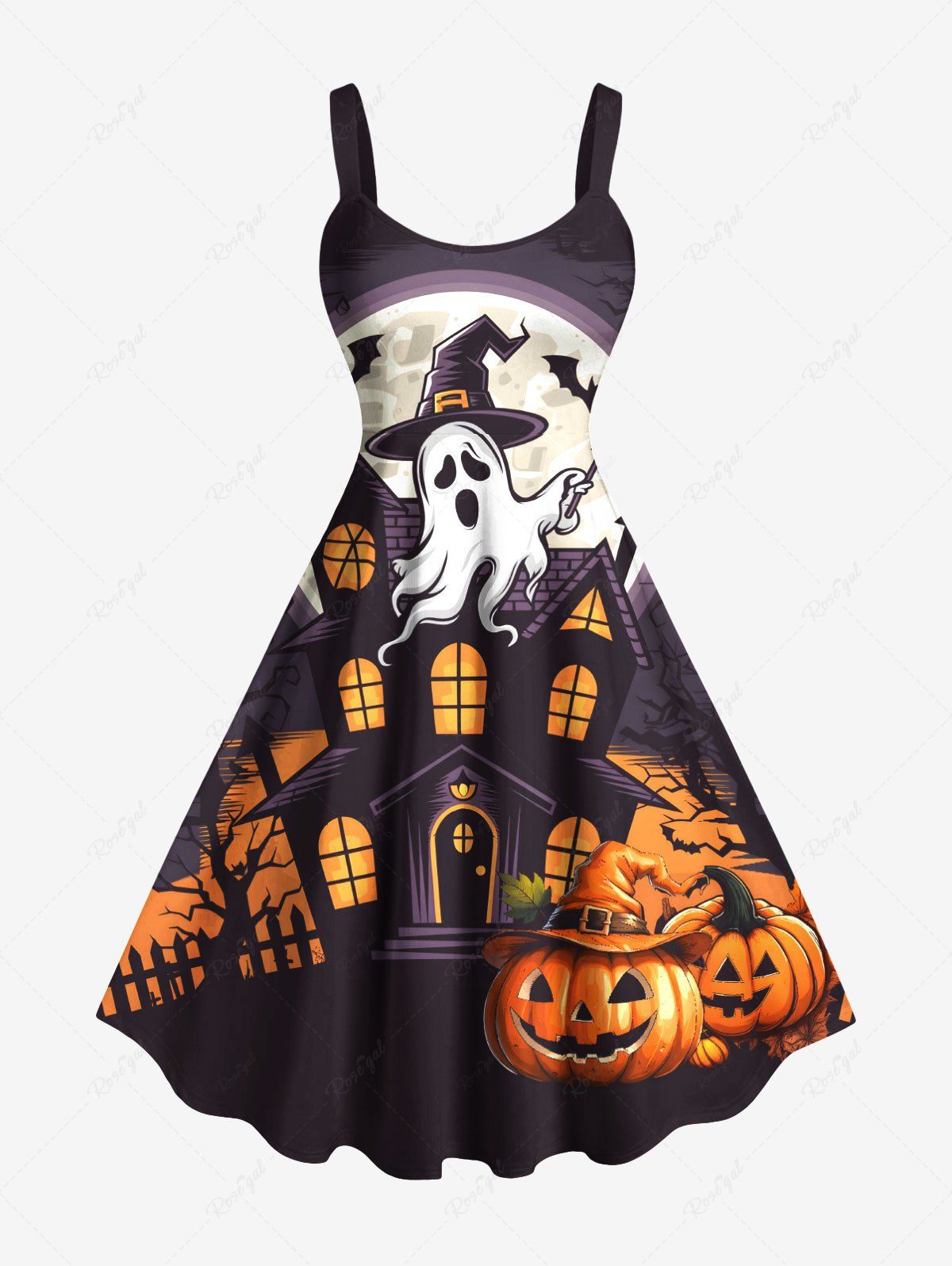 New Plus Size Halloween Hat Pumpkin Ghost Bat Tree Castle Print Tank Dress  