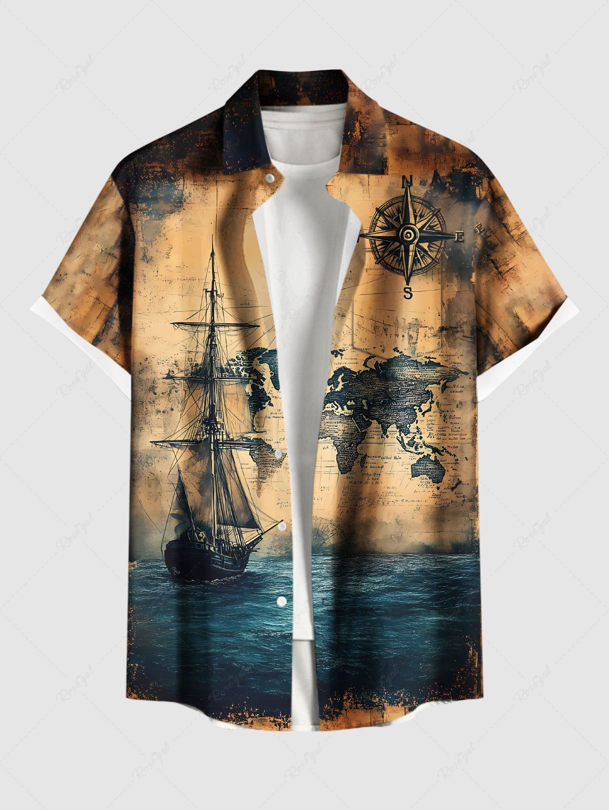 Outfits Plus Size Sea Map Ship Rudder Cruise Print Buttons Pocket Hawaii Shirt For Men  