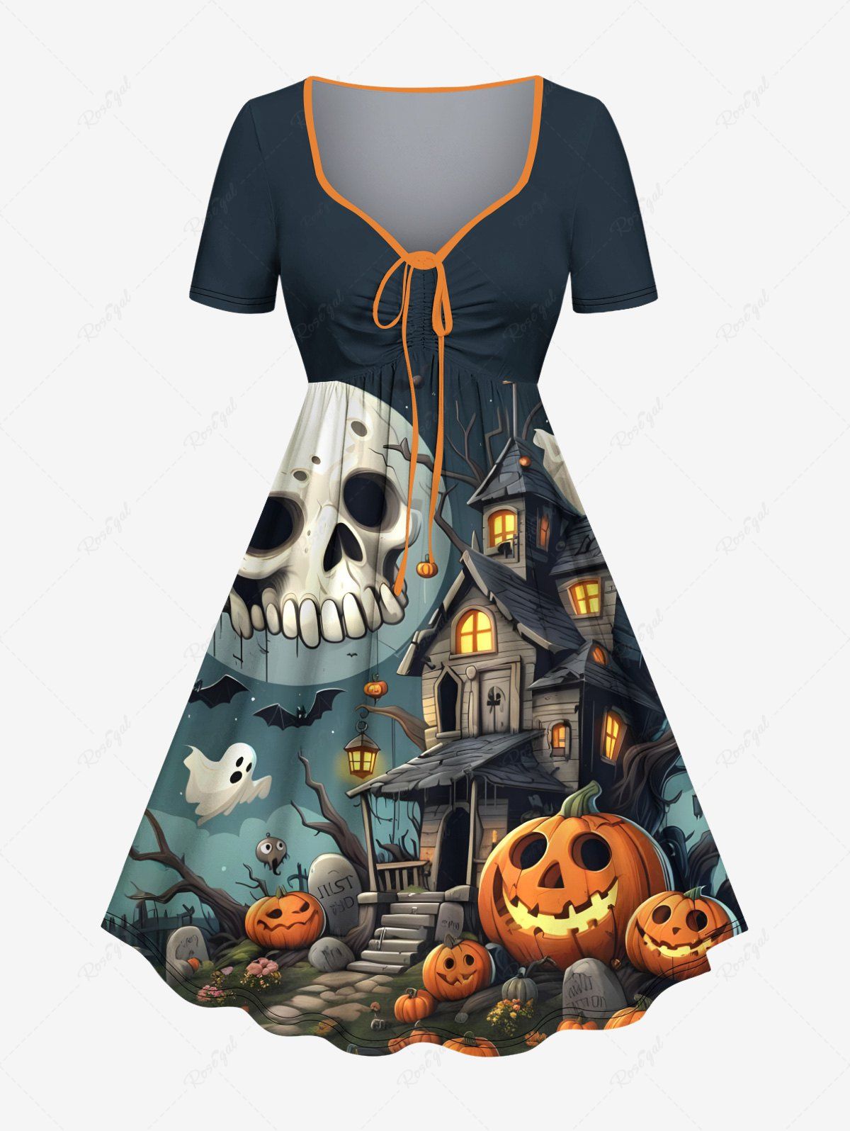 Sale Plus Size Halloween Pumpkin Skull Ghost Bat Print Cinched Dress  