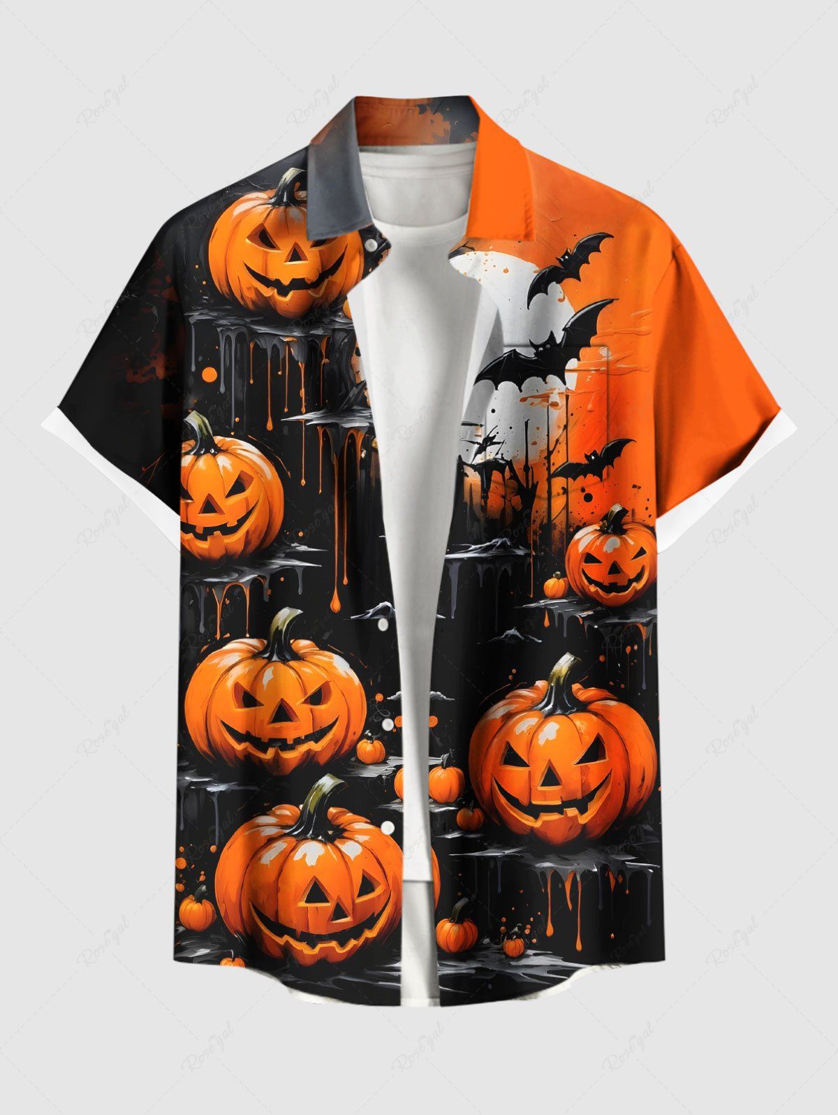 Affordable Plus Size Pumpkin Bat Moon Print Halloween Button Pocket Shirt For Men  