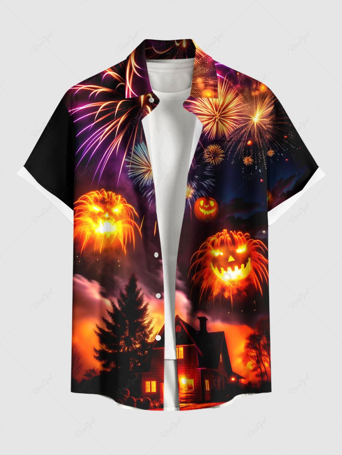 Chemise grande taille à imprimé citrouille, feux d'artifice, galaxie, château, arbre, Halloween, boutonnée et poche pour homme Orange Foncé 3XL