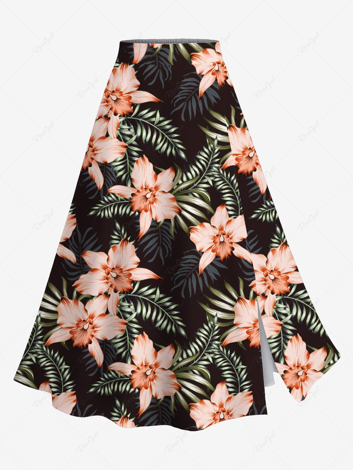 Fashion Plus Size Tropical Leaf Hibiscus Flower Print Hawaii Split A Line Skirt  