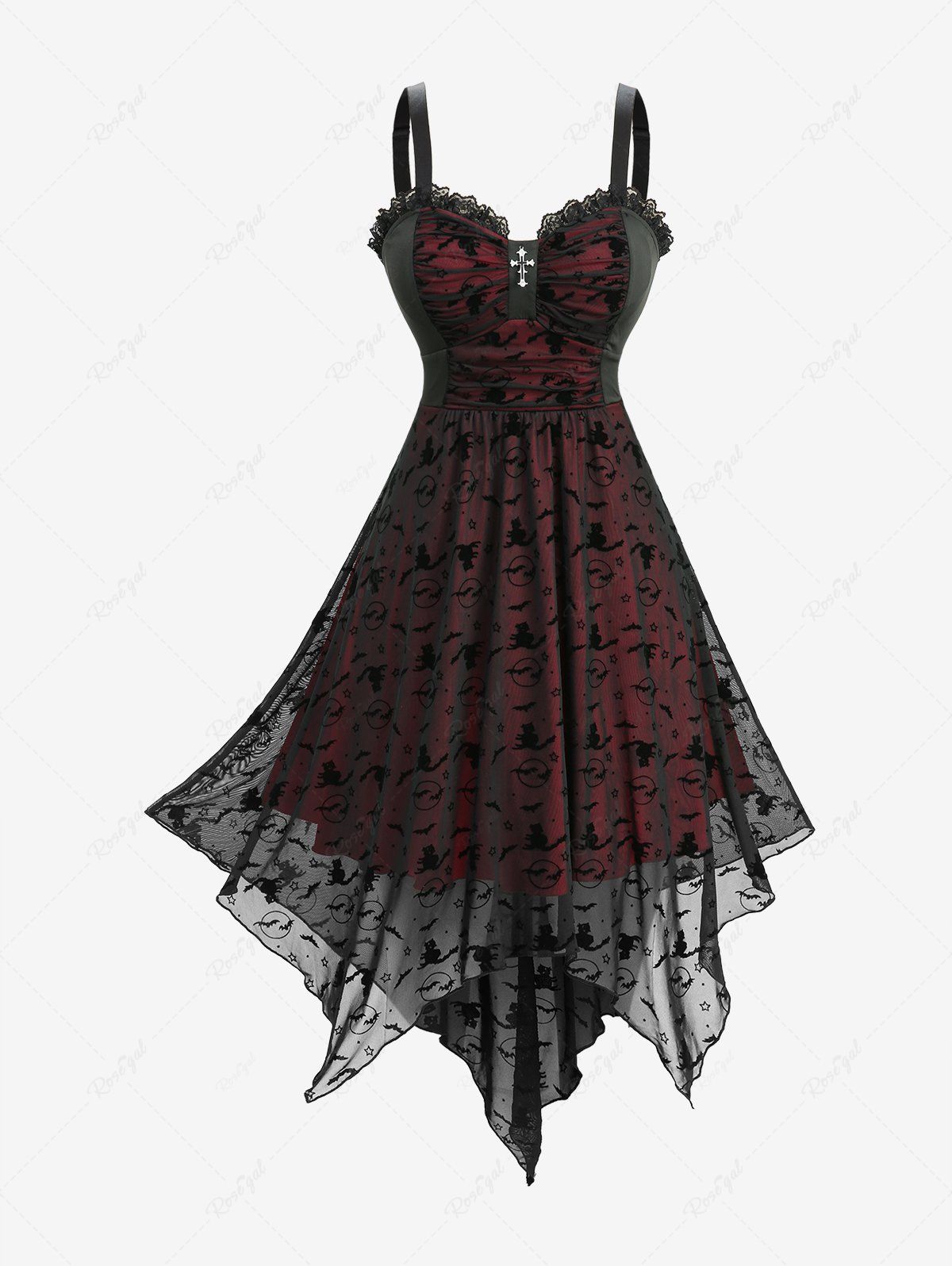 Plus Size Cat Bat Flocking Mesh Cross Lace Trim Ruched Asymmetrical Tank Dress Noir 4X | US 26-28