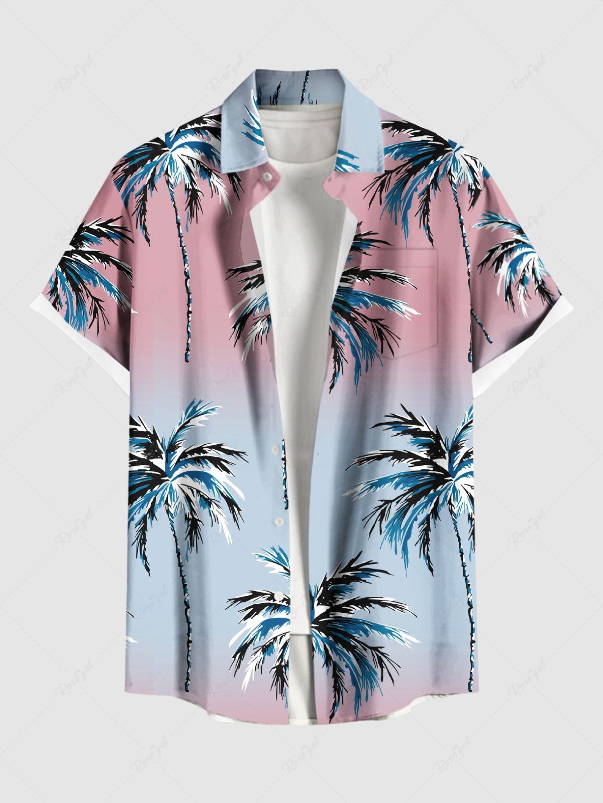 Cheap Plus Size Coconut Tree Ombre Colorblock Print Buttons Pocket Hawaii Shirt For Men  