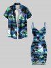 Tenue de plage hawaïenne assortie grande taille à imprimé cocotier et hibiscus pour couple - Bleu 
