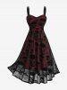 Plus Size Ruched Skull Flocking Mesh Tank Dress With Lace Trim Button Cover Cape -  
