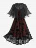 Plus Size Ruched Skull Flocking Mesh Tank Dress With Lace Trim Button Cover Cape -  