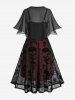 Plus Size Ruched Skull Flocking Mesh Tank Dress With Lace Trim Button Cover Cape -  