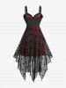 Robe débardeur asymétrique froncée à motif de chauve-souris et de chat, grande taille, en maille floquée, bordure en dentelle croisée - Noir 5x | US 30-32