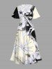 Plus Size Tropical Leaf Hibiscus Flower Branch Print Hawaii Split Pocket A Line Midi Dress -  
