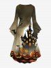 Plus Size Halloween Pumpkin Bat Moon Ombre Castle Print Ruched Flare Sleeves High Low Dress -  