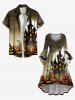 Plus Size Halloween Pumpkin Bat Moon Ombre Castle Print Ruched Flare Sleeves High Low Dress -  