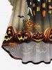 Plus Size Halloween Pumpkin Bat Moon Ombre Castle Print Ruched Flare Sleeves High Low Dress -  