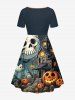 Plus Size Halloween Pumpkin Skull Ghost Bat Print Cinched Dress -  