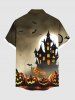 Plus Size Halloween Pumpkin Bat Moon Ombre Castle Print Buttons Pocket Shirt For Men -  